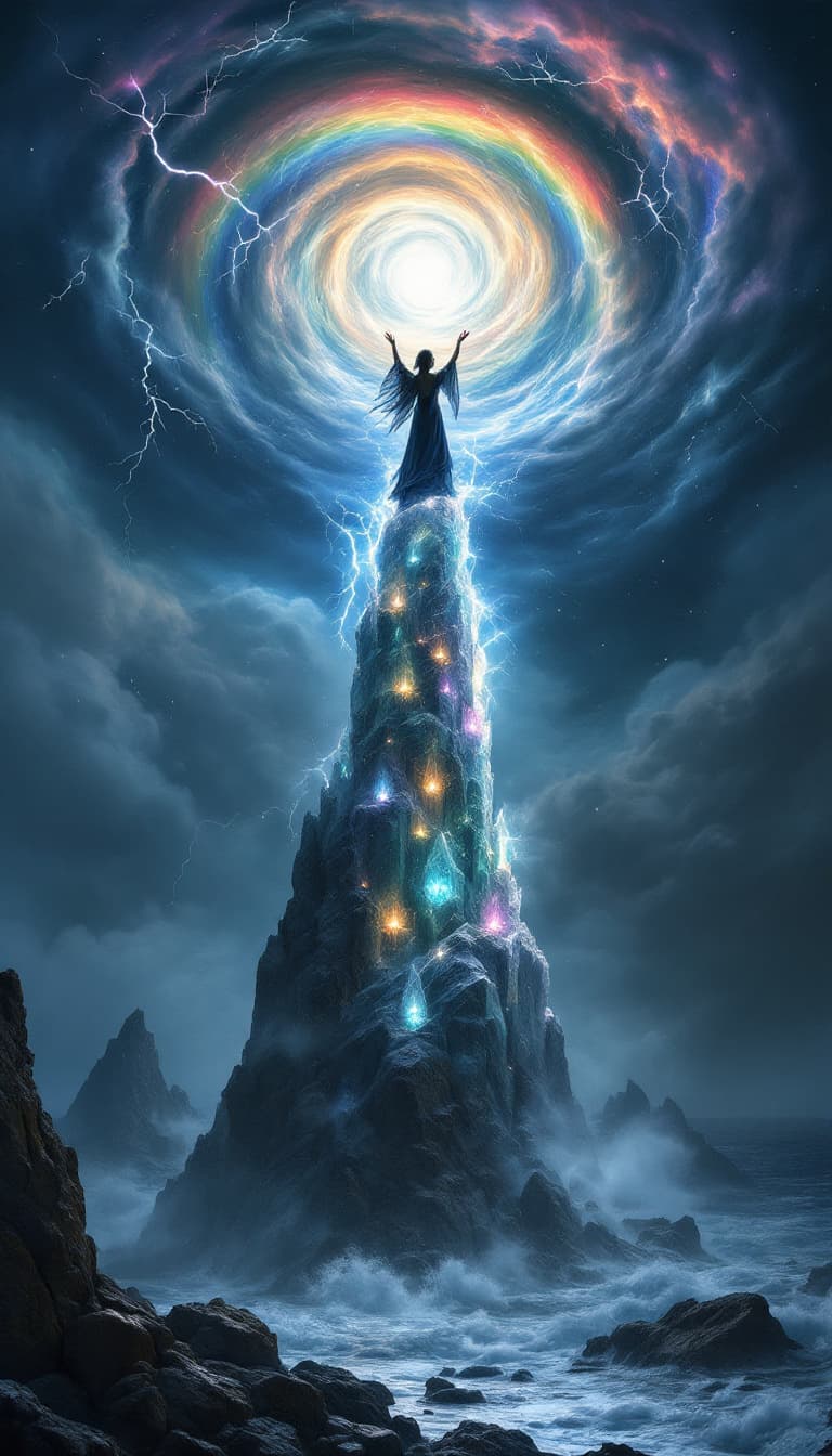 AI generated: Photorealistic fantasy composition, a sorceress in embroidered velvet standing atop a soaring, cryst...