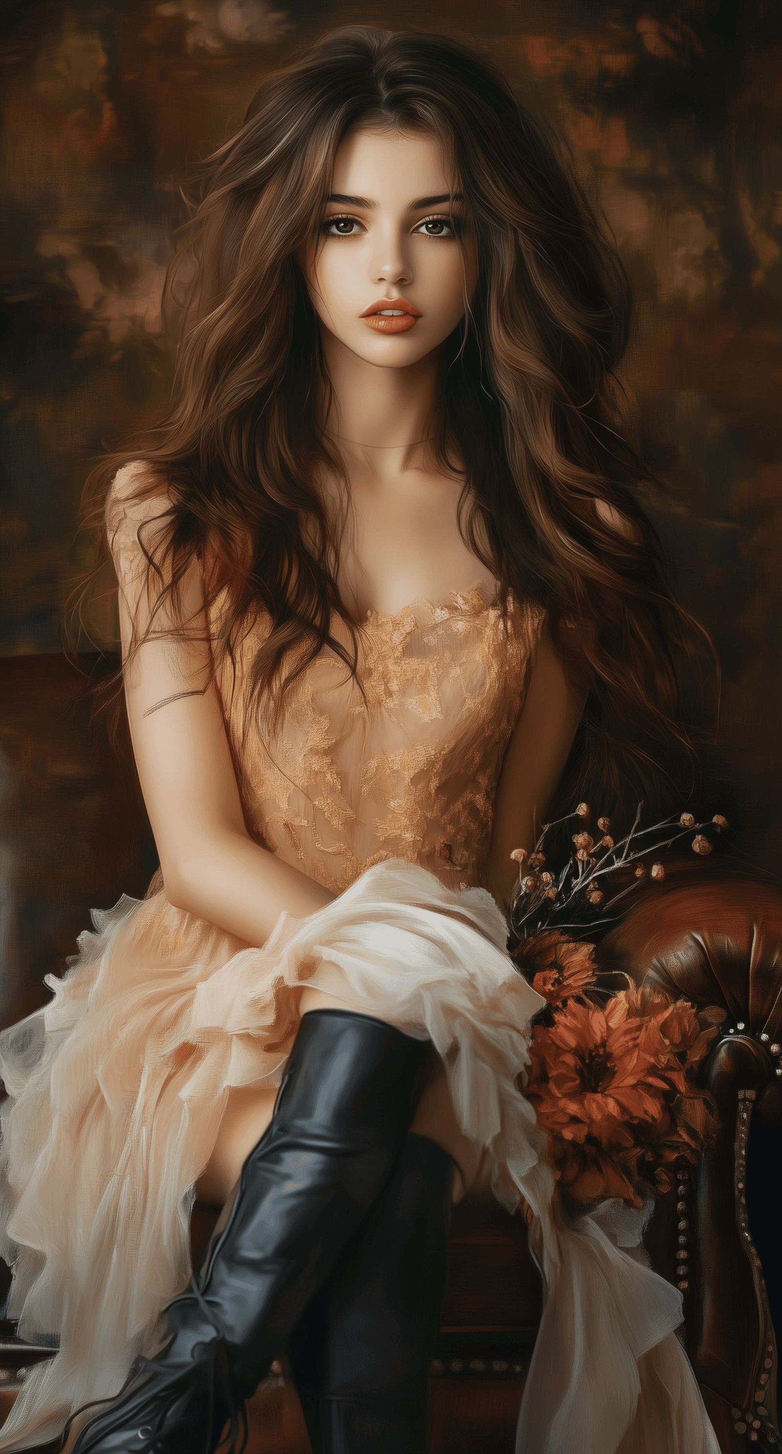 AI generated: A beautiful girl with long brown hair, wearing an elegant dress and black boots, sits on the sofa, h...