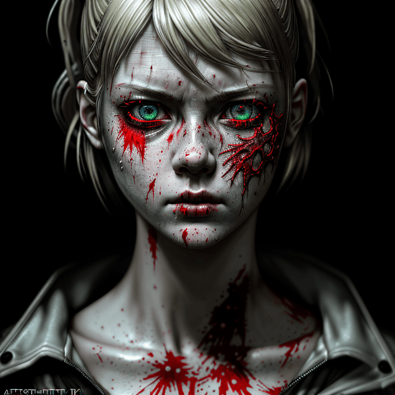 AI generated: silent hill style female portrait, blood splatter, detailed face, (masterpiece), detailed eyes, intr...