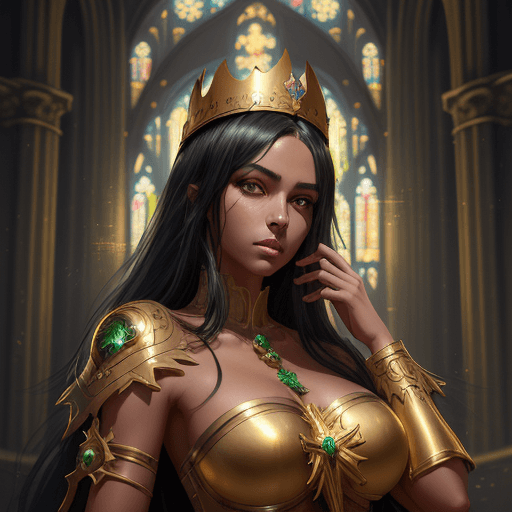 AI generated: 4k fantasy art, black haired woman with green eyes, tanned, with a golden crown in the hair, jewels ...