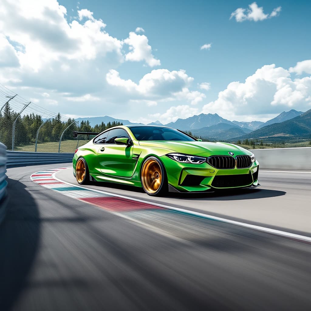 AI generated: BMW f80 green color AND bronze rims in race road