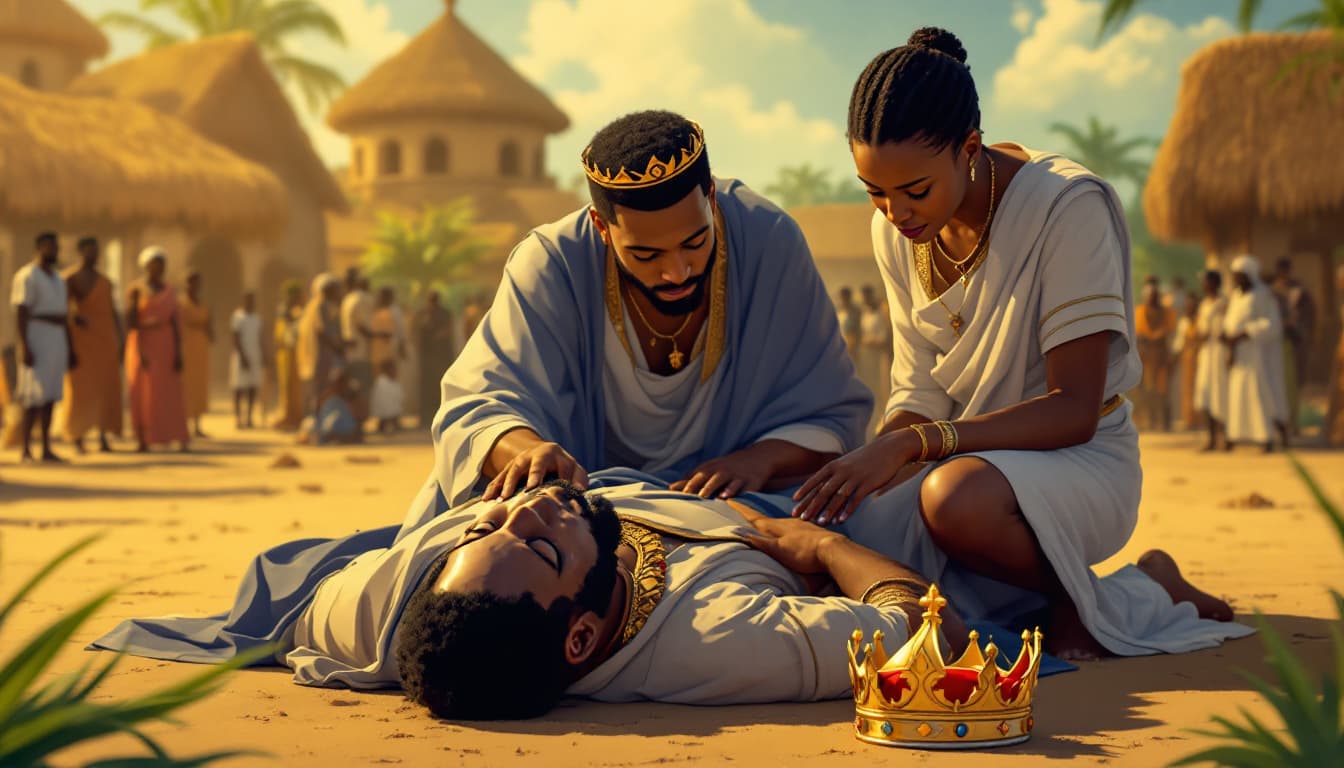 AI generated: - **King Nnamdi**: Lying on the ground, his face pale but peaceful, his crown resting beside him. Hi...