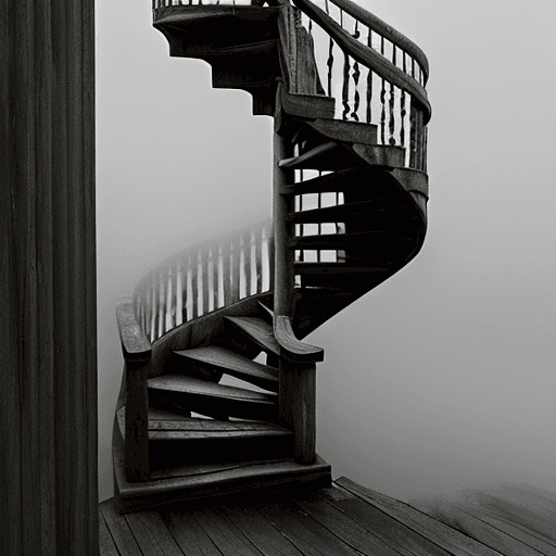 AI generated: An old winding wooden staircase covered in mist. Grey background
