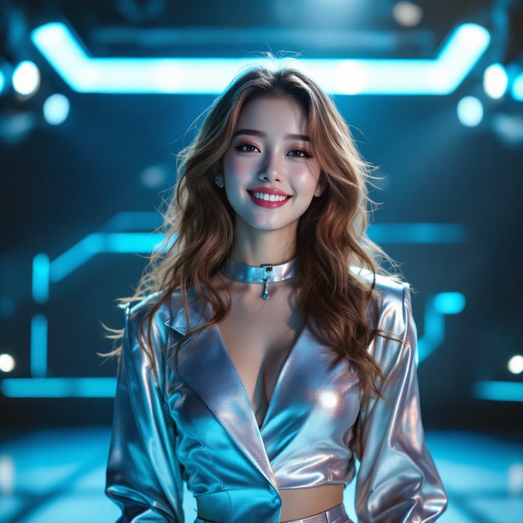 AI generated: A full-body photo of Lina, a cheerful K-pop idol with wavy brown hair, standing confidently on a bri...