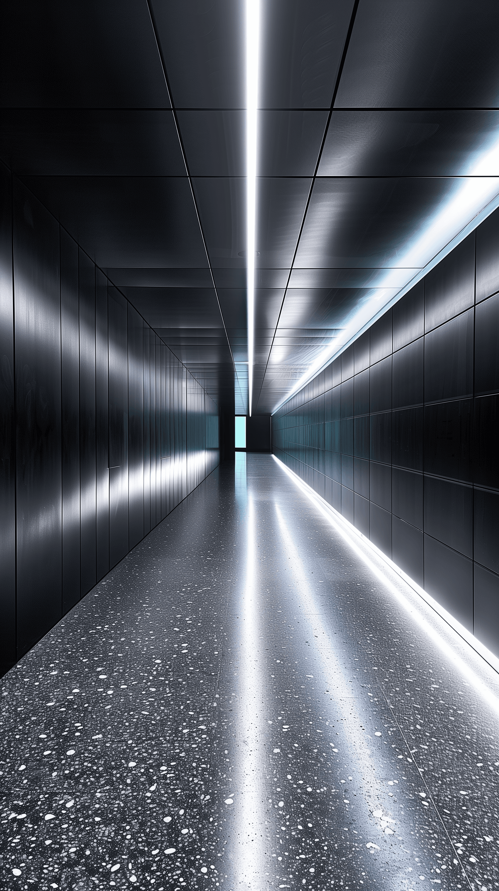 AI generated: envision a long hallway designed with a dramatic of light and shadow, the walls and ceiling are clad...