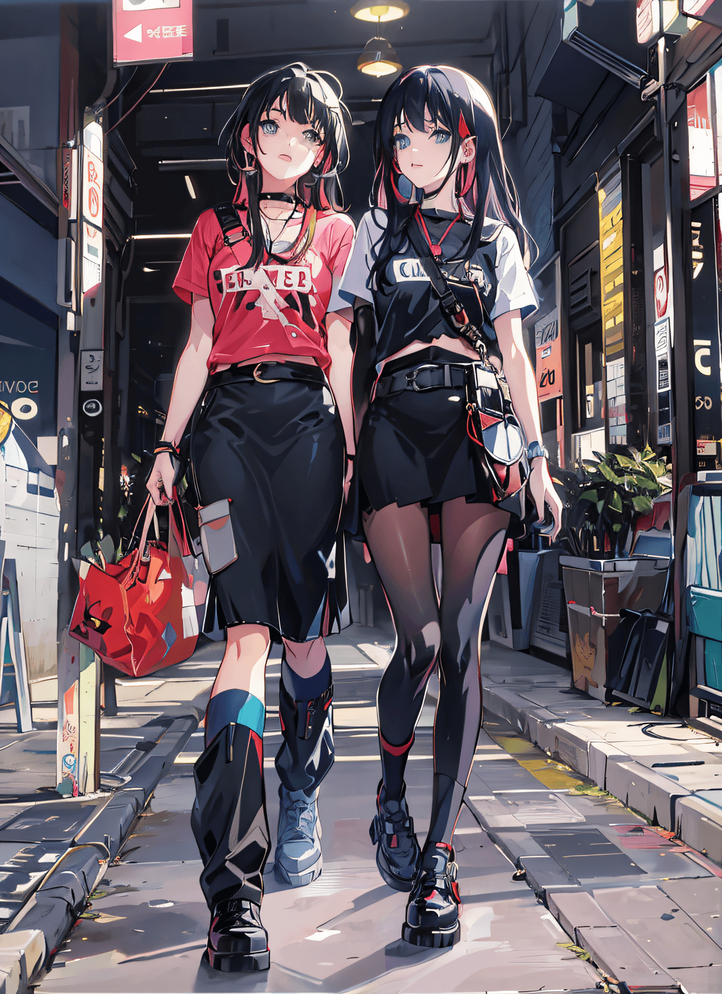 AI generated: two women walking down a sidewalk with bags and bags, anime style mixed with fujifilm, modern anime ...
