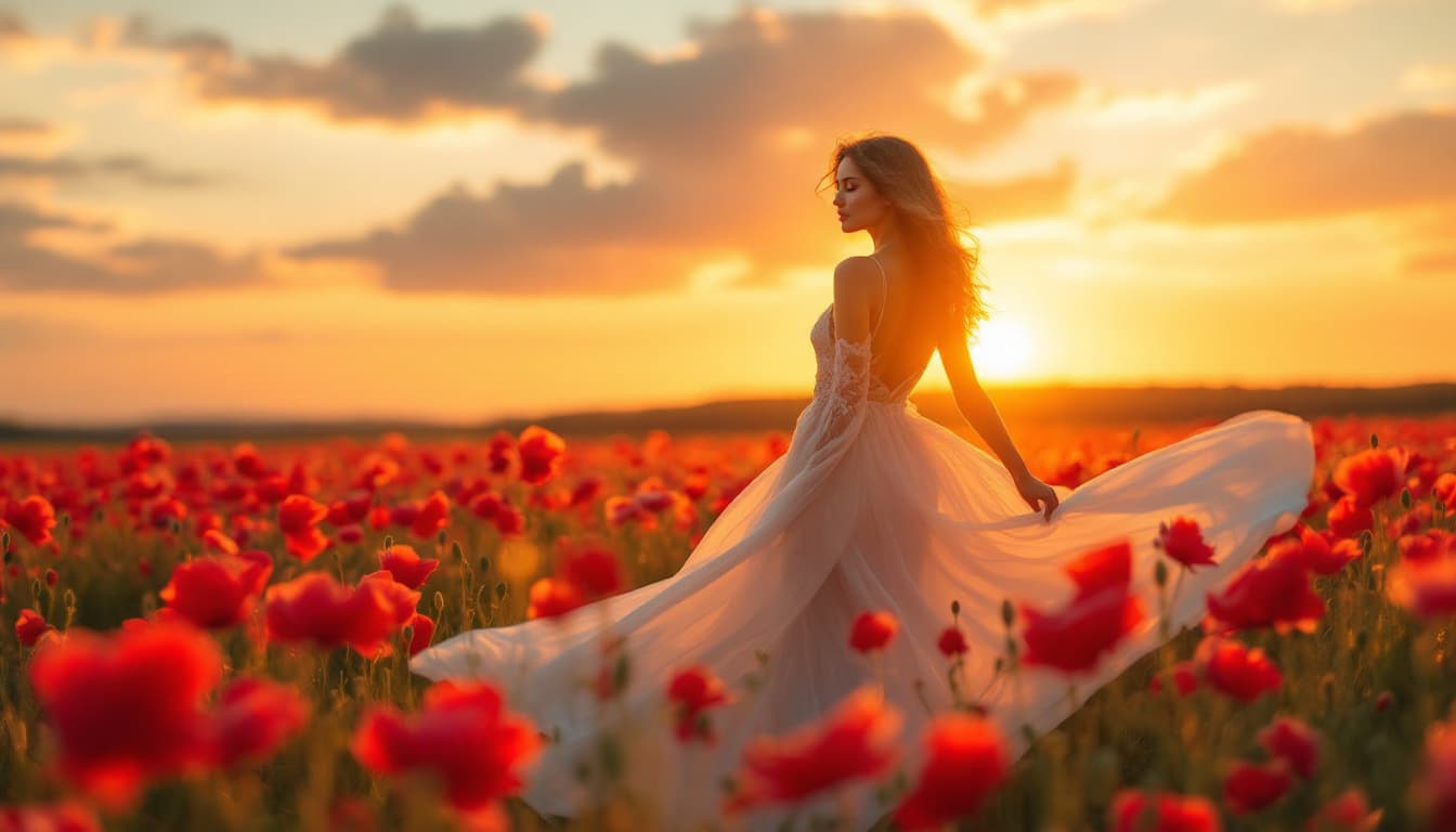 AI generated: A serene sunset scene where a woman stands gracefully in a flowing white dress blowing on wind. She'...