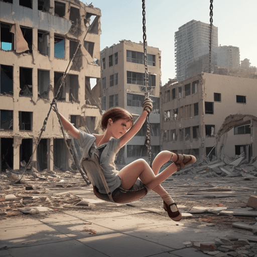 AI generated: art, Destroyed buildings, swing, school, dance