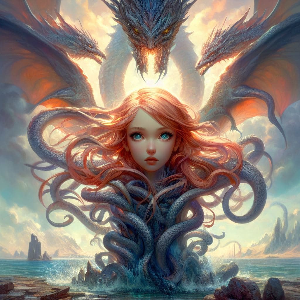 AI generated: A beautiful young split-screen dragon a unique giant kraken coming out of the ground a beautiful mag...