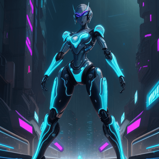 AI generated: A  illustration of a beautiful robot shewarrior in a futuristic city street, neon lights reflecting ...