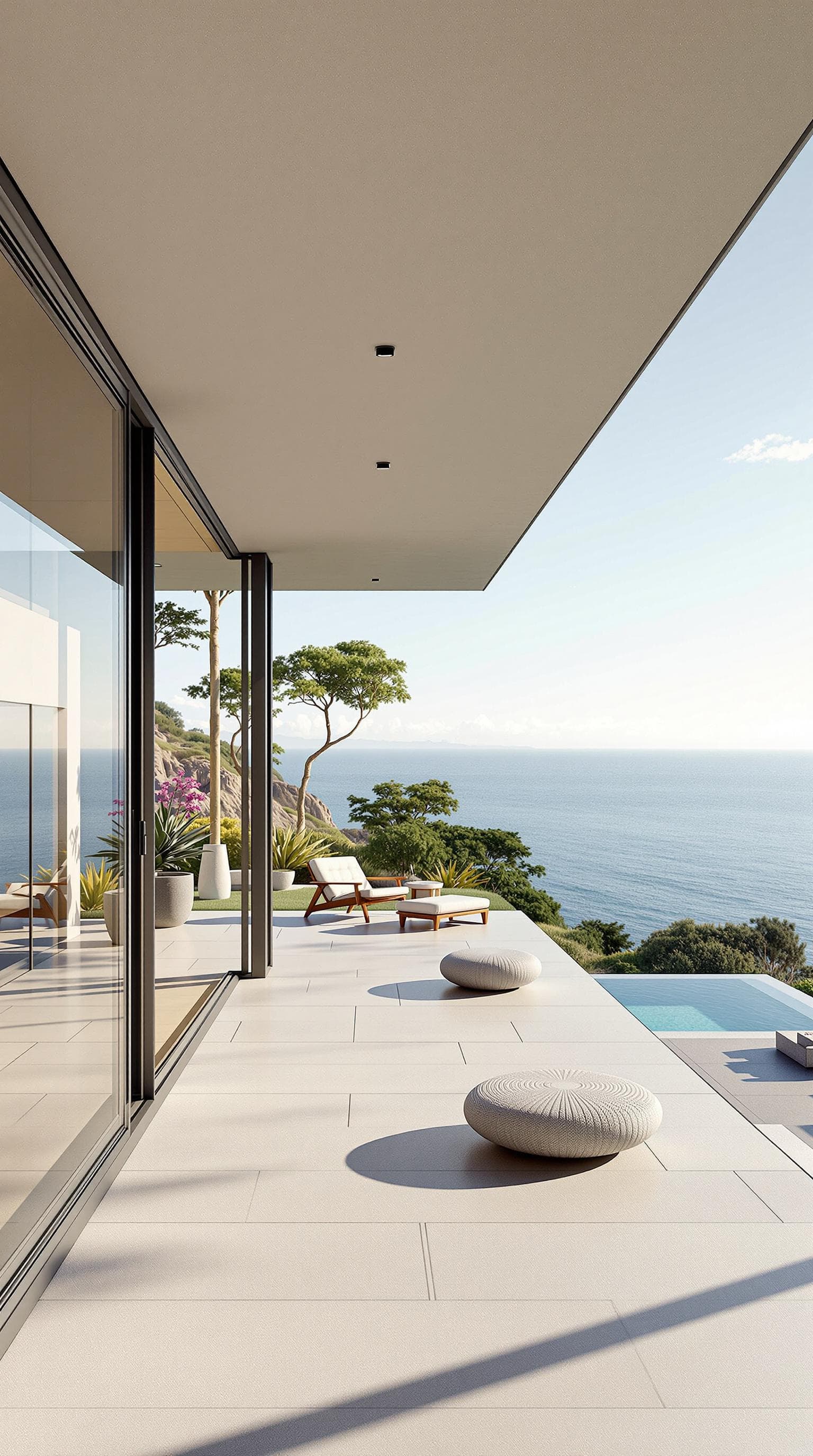 AI generated: Hyper realistic eye level exterior photo of a mid century modern style house overlooking the ocean, ...