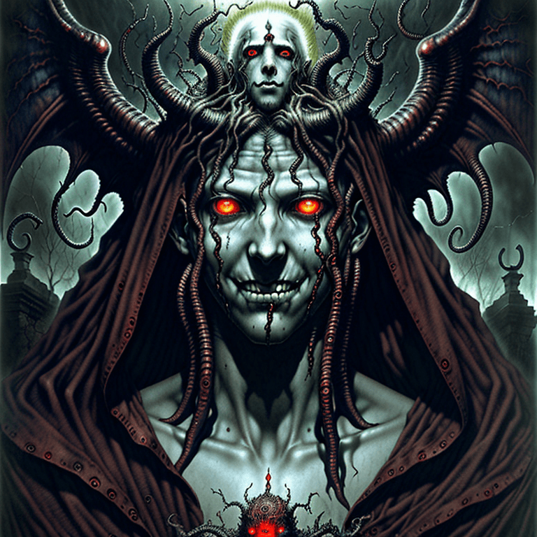 AI generated: crimson king, photorealistic, grinning man, burning eyes, human, eerie, angel with no face, demon, l...