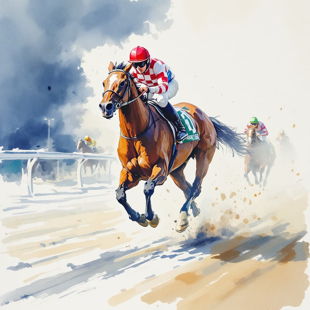 AI generated: A watercolor painting of a horse race. A horse in front in a dynamic gallop, focusing on the dynamic...