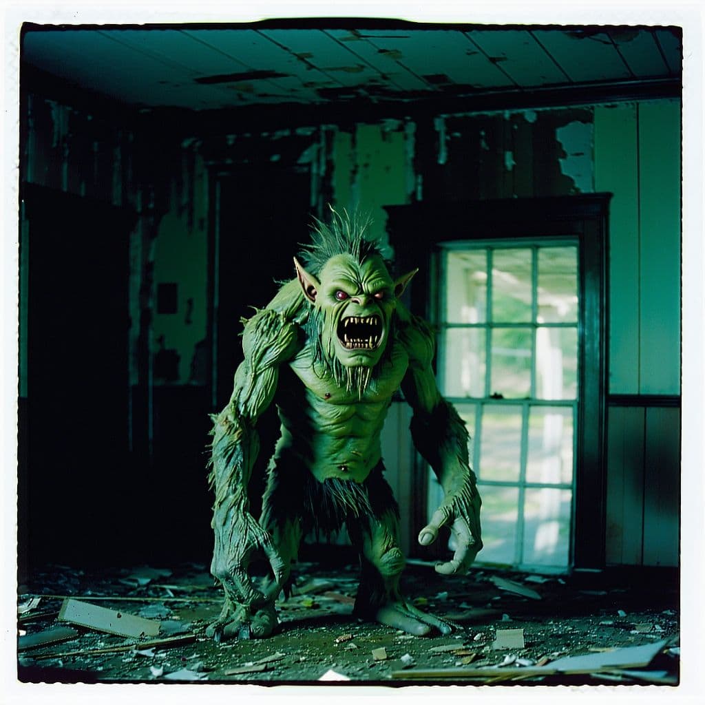 AI generated: grainy 80's photograph quality polaroid of a bogtroll caught in an abandoned house, dark