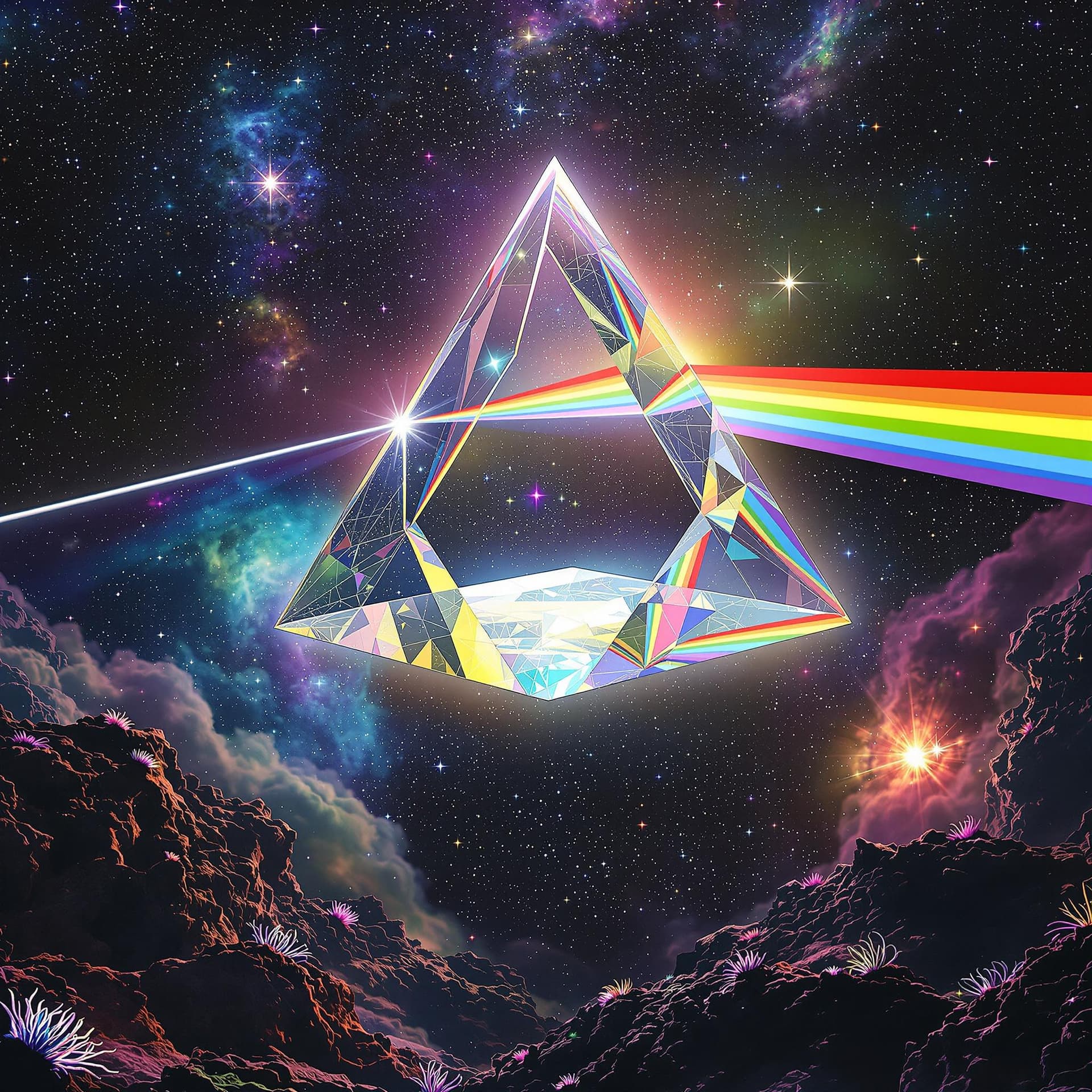 AI generated:  Trippy, psychedelic, and surreal, A giant, clear three-sided prism floating in outer space with whi...