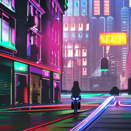 AI generated: a view of a city street with neon lights and neon signs, cinematic neon matte painting, dreamy color...