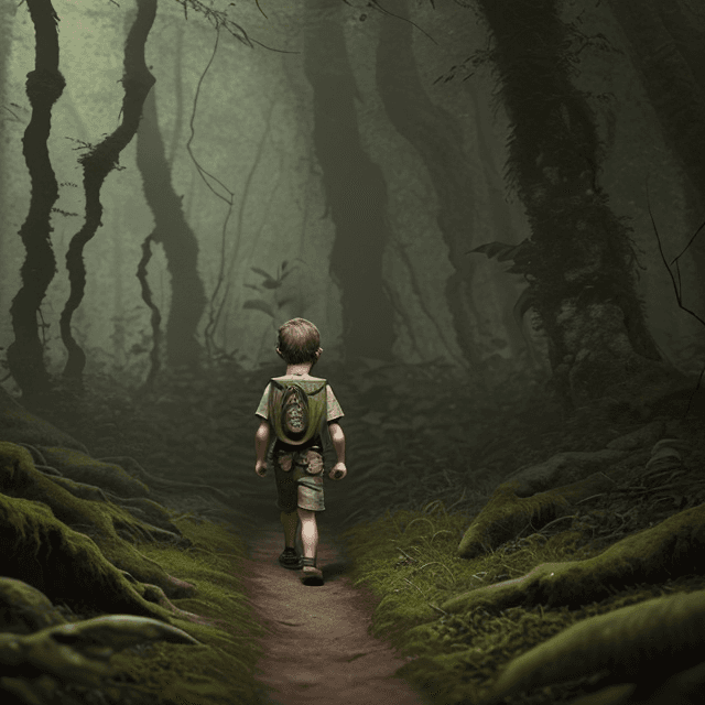 AI generated:  a young prehistoric boy walking in a prehistoric forest, frontal  view, 8k