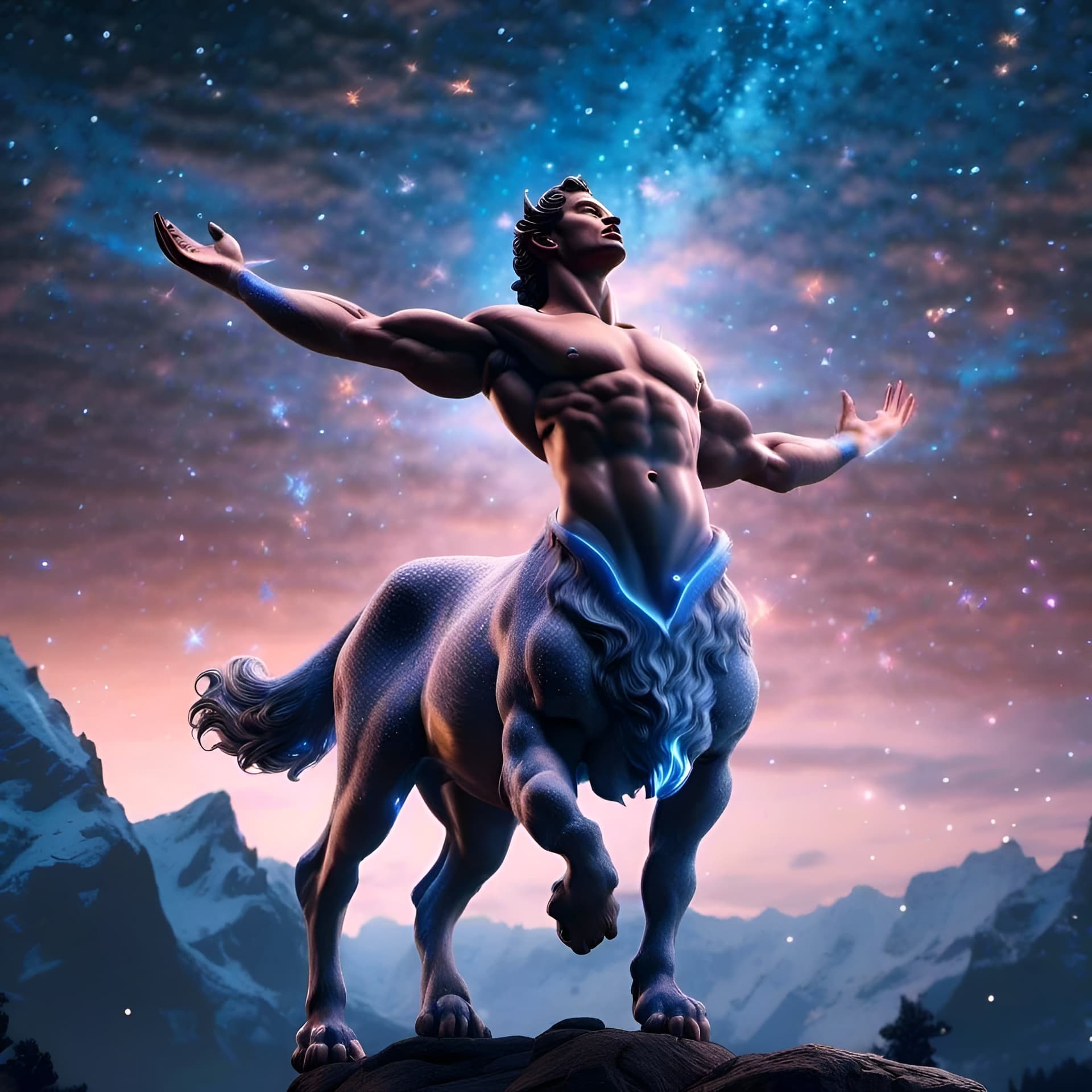 AI generated: "Chiron the mighty centaur strikes a celebratory pose as he reaches the top of the mountains peak ::...