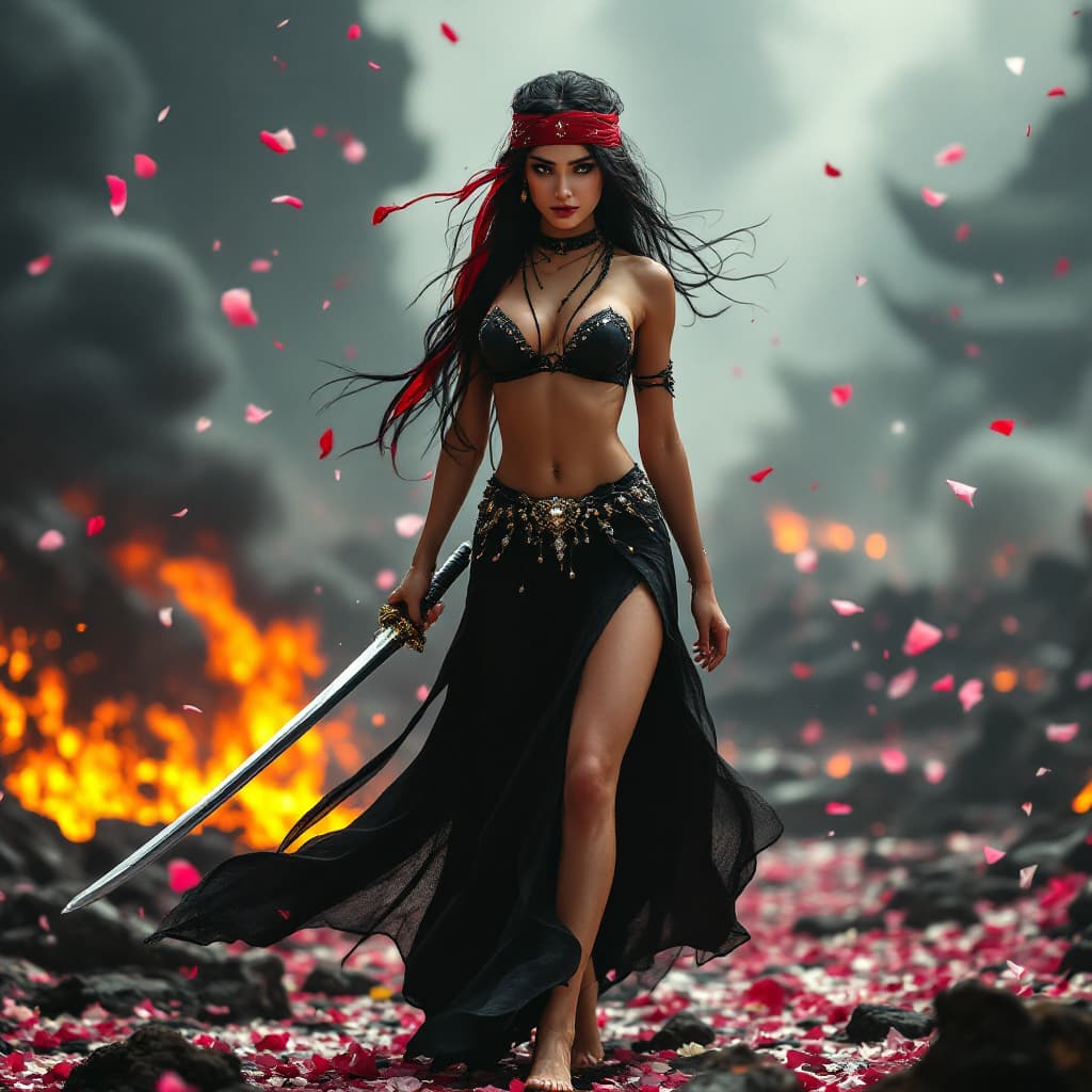 AI generated: Full body view of a woman, long black hair, red bandana, black jeweled bra, black long jeweled skirt...