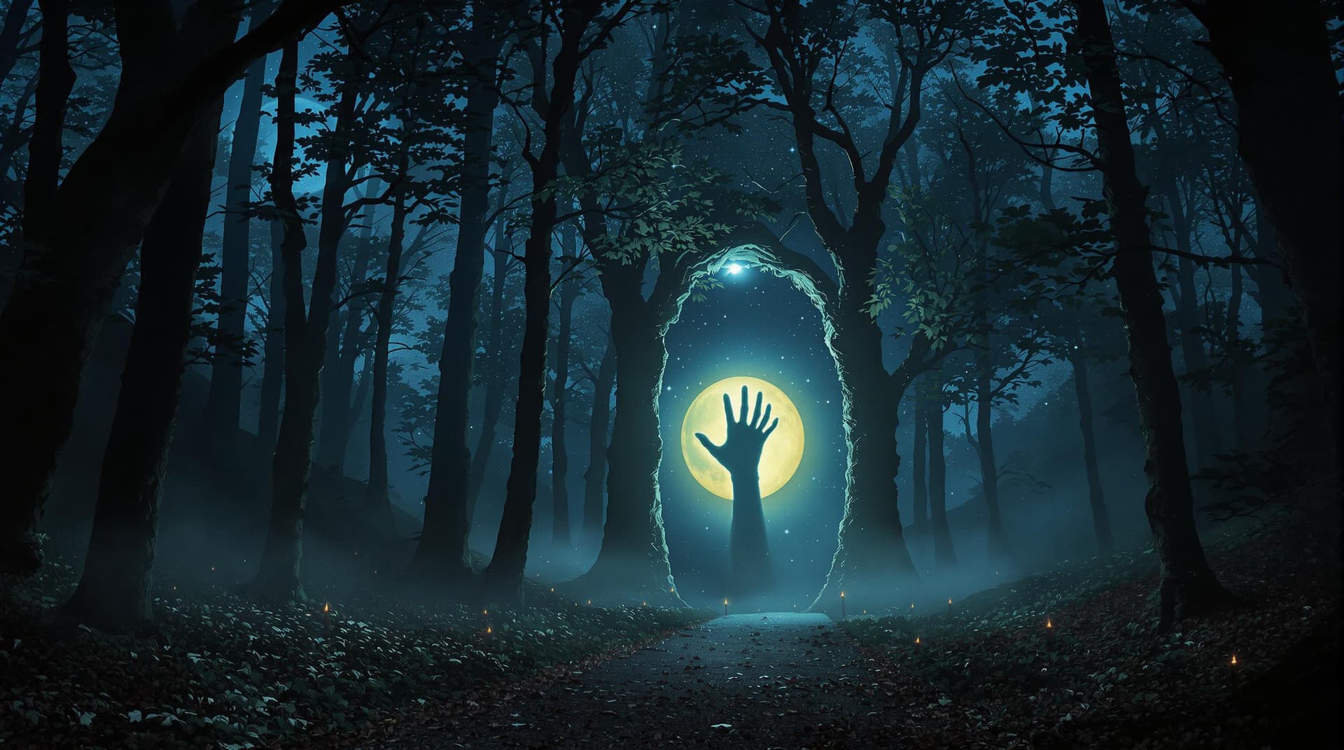 AI generated: a dark misty fairy tale forest at night time, a large gap in the trees at the centre of the image an...