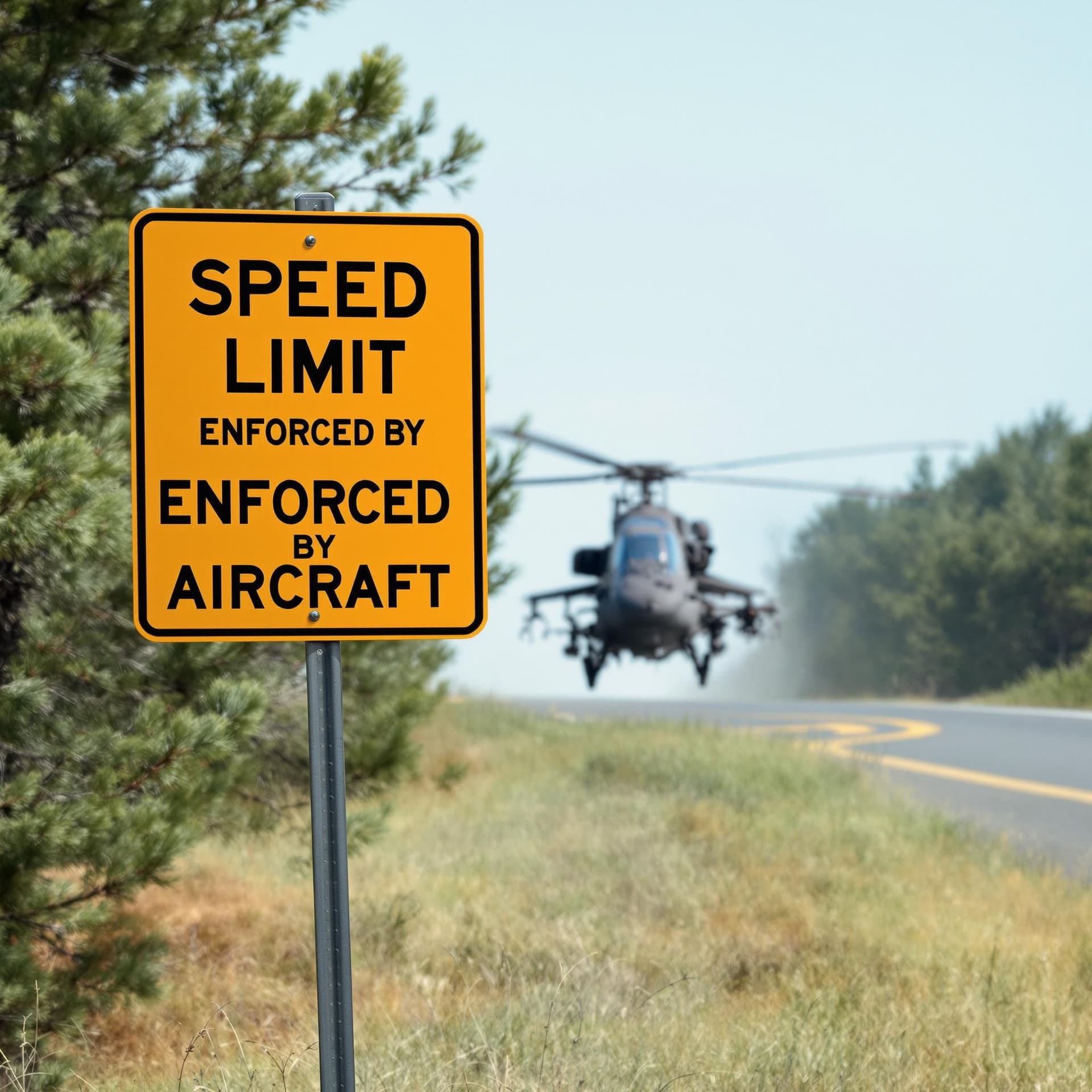 AI generated: at the side of a road, a sign says "SPEED LIMIT ENFORCED BY AIRCRAFT", Behind some trees is an Apach...