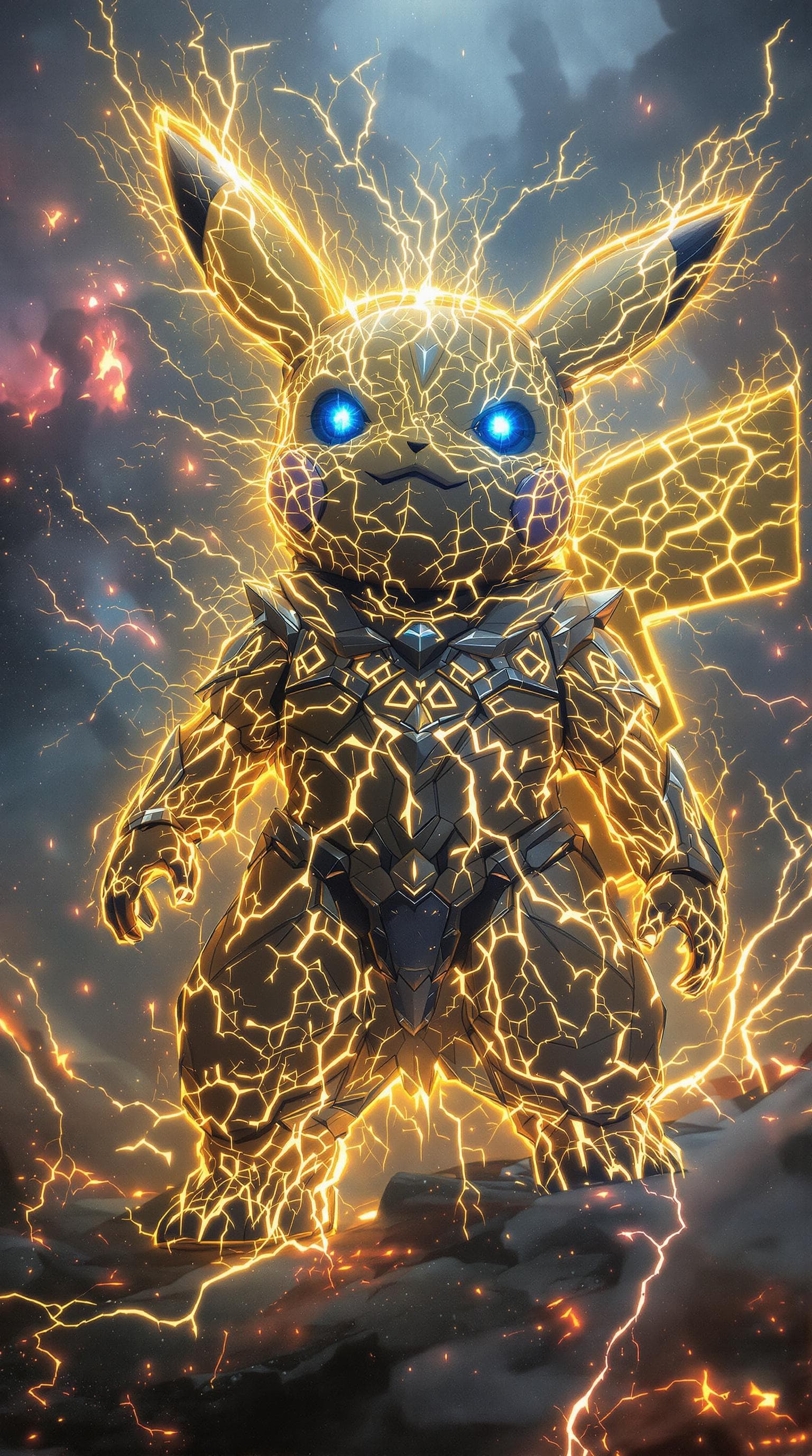 AI generated: Create an awe-inspiring masterpiece depicting a war-torn, godlike Pikachu transcending dimensional b...