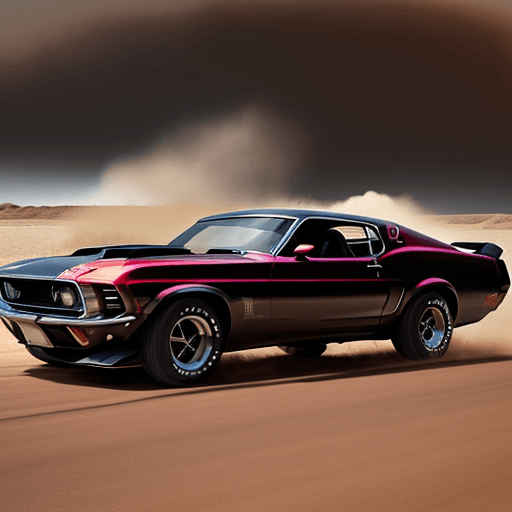 AI generated: muscle car 1970 
 mustang black with red raceing strips. going 80 mph. in a desert dust cloud behin...