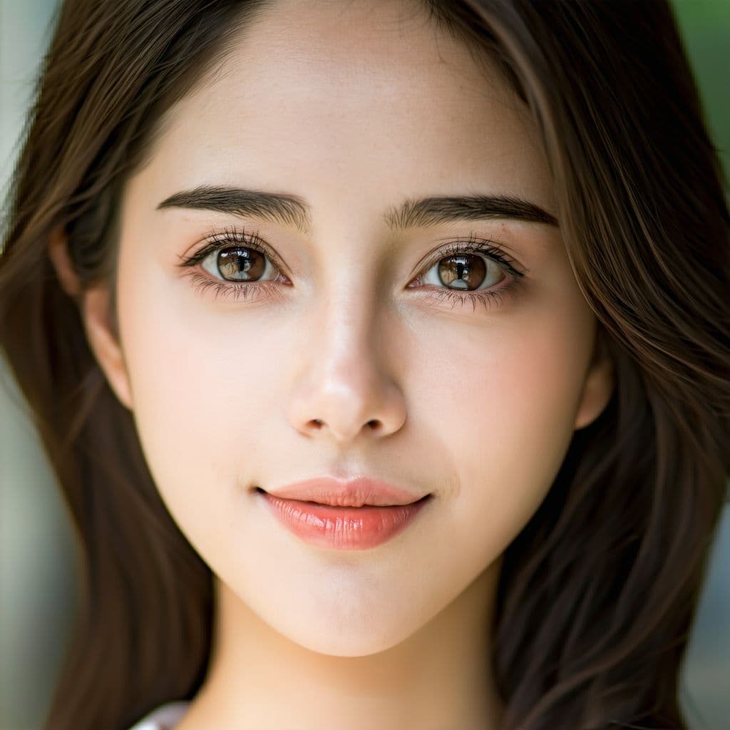 AI generated: "A young woman with a soft, slightly round face shape. Her eyes are medium-sized, calm, and gentle. ...