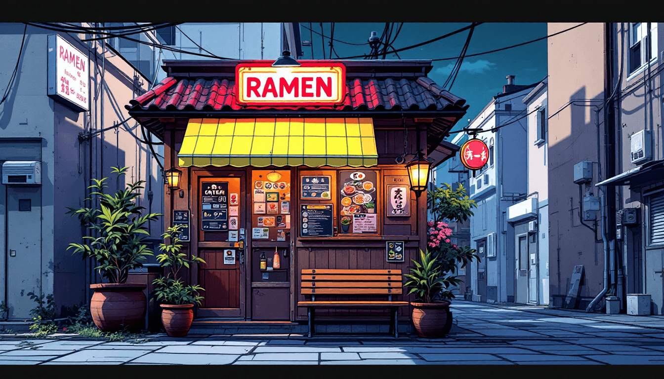 AI generated: A manga anima cartoon, of a small Japanese Koya ramen shop, it is a small little self contained hut,...
