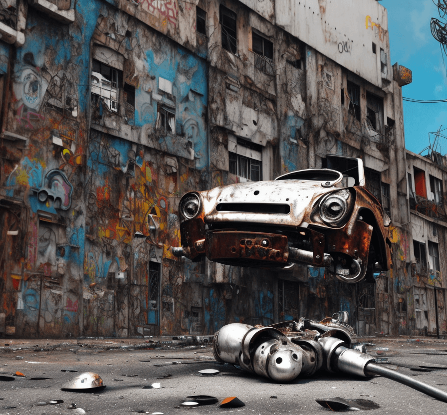 AI generated: a  lost  rusted white german big robot  is dead. It is lying on its back on  the ground in the stree...