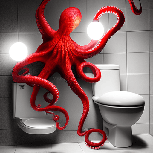 AI generated: red octopus ::1 reading the newspaper sit on a toilet, white lights, white tones, white wall, mirror...