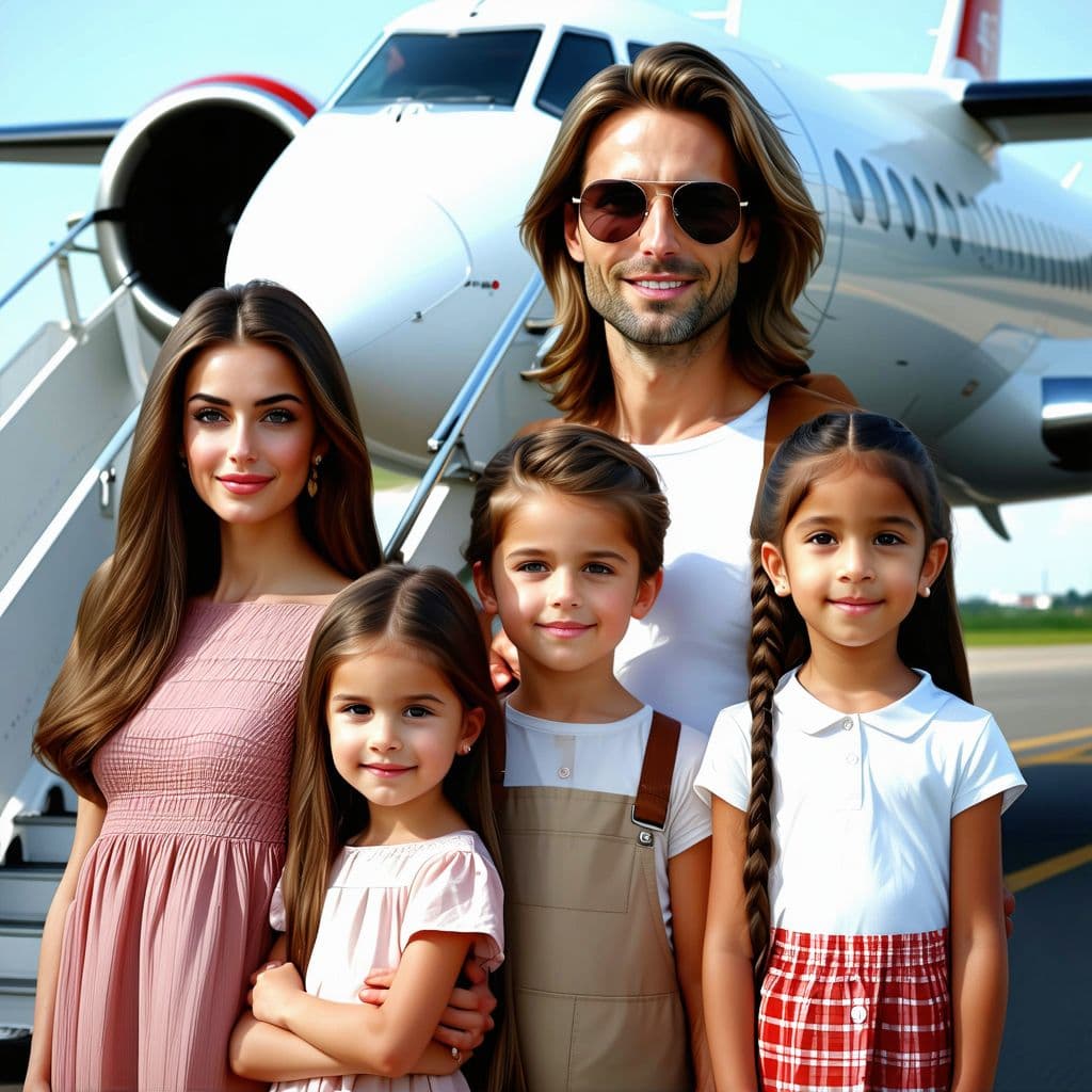 AI generated: familia con 2 niñas rubios, 3 niños con edades de 10,8,5,4,1 años, con su padre y su madre, morenos,...