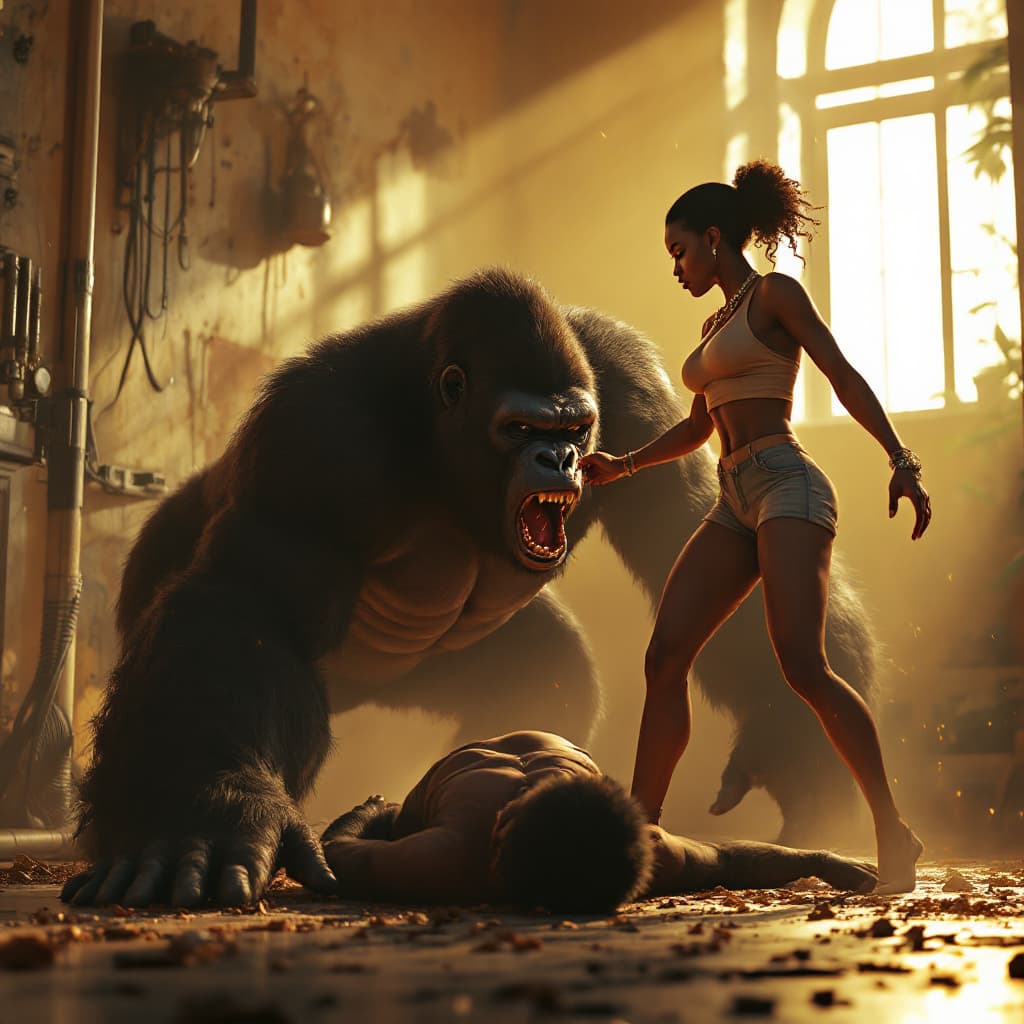 AI generated: Cinematic professional 3D animation of black african woman standing over a huge a gorilla on the flo...