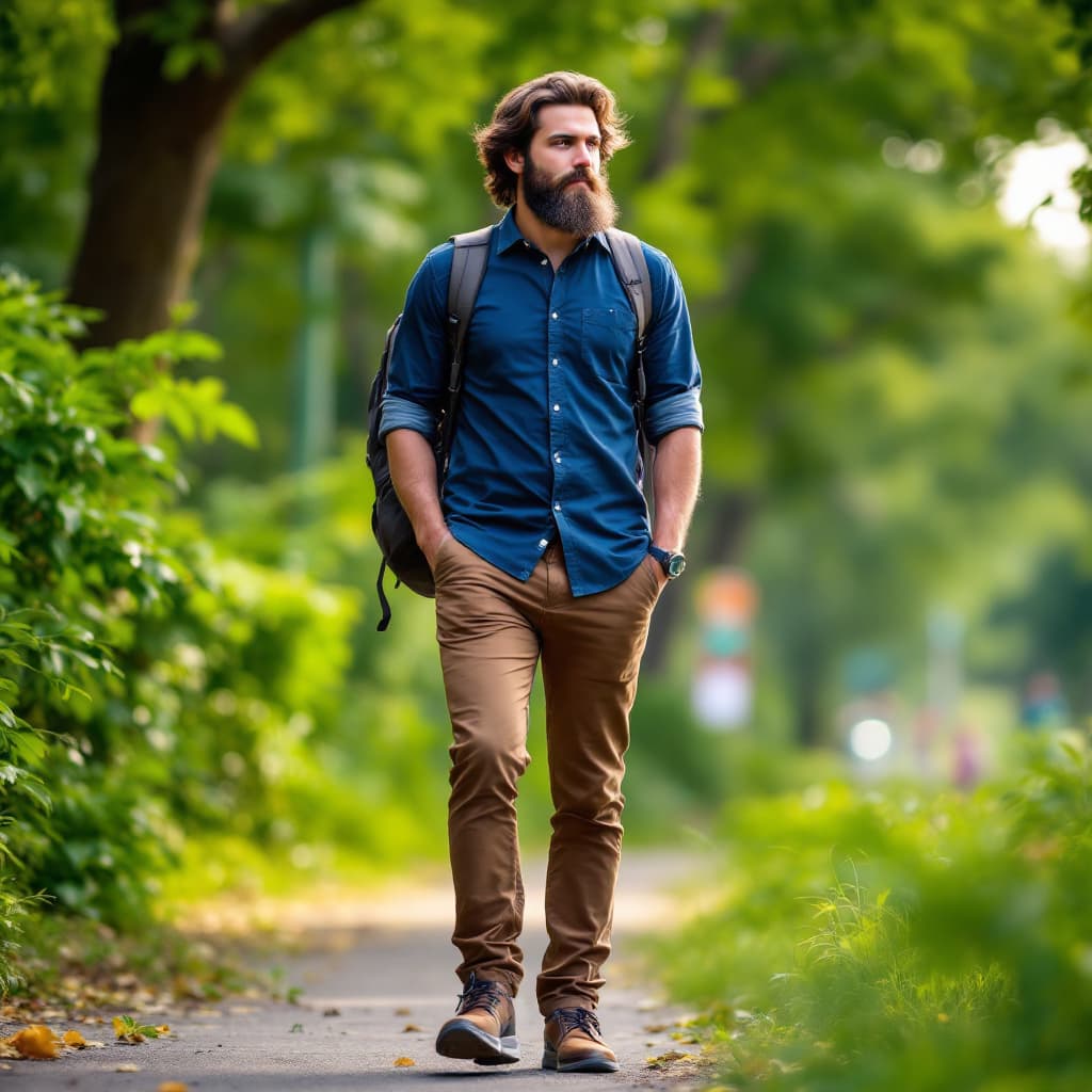 AI generated: A tall man with 6 foot height, medium length hairs and medium long beard. Wearing casual wear for of...