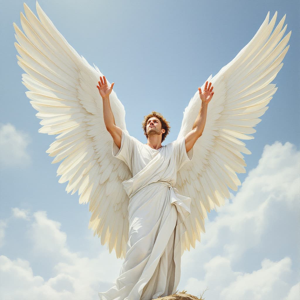 AI generated: An artist's drawing of a masculine male, a strong angel, light brown hair, a clean-shaven face, arms...