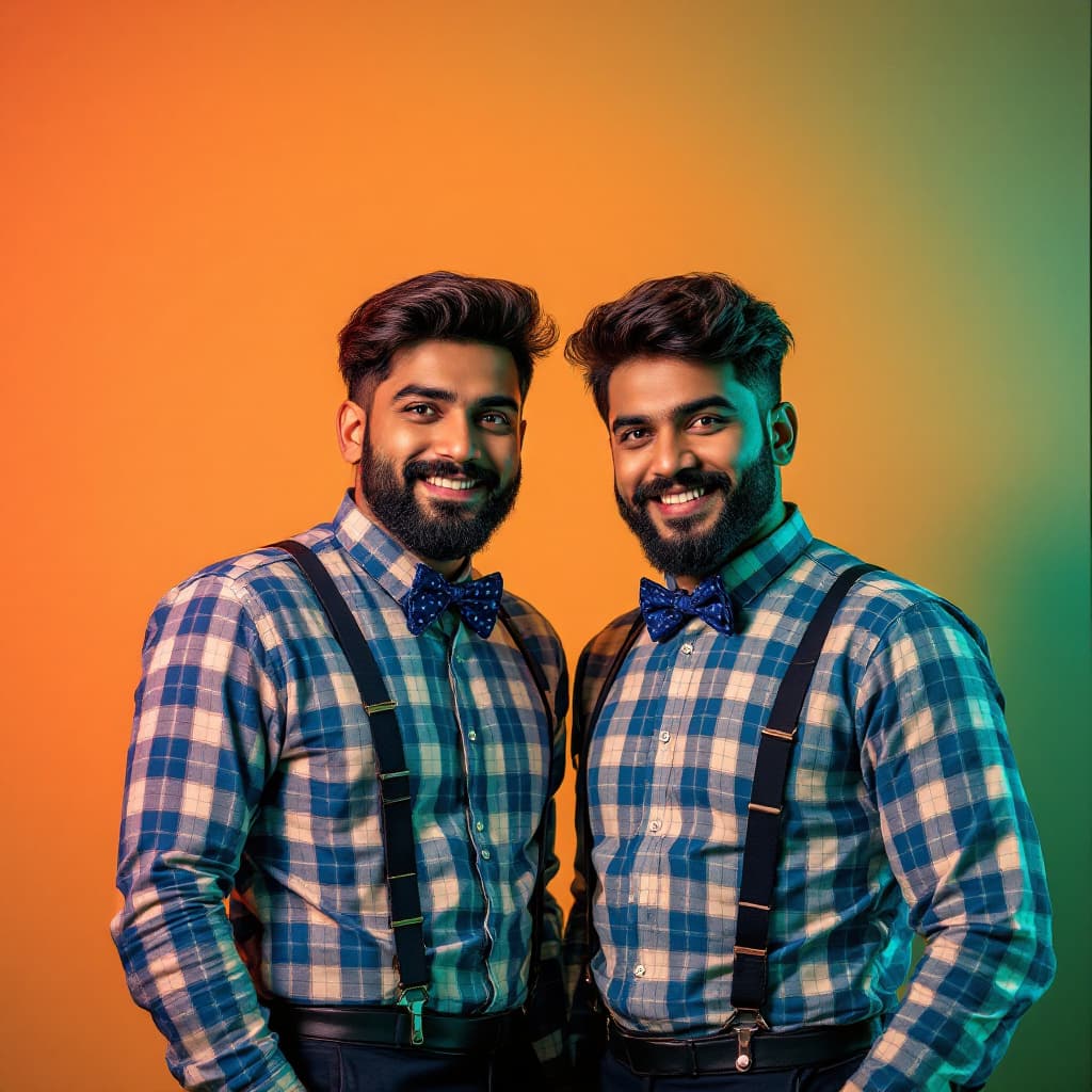 AI generated: Portrait of identical Indian twin brothers standing side by side, cinematic lighting, vibrant orange...
