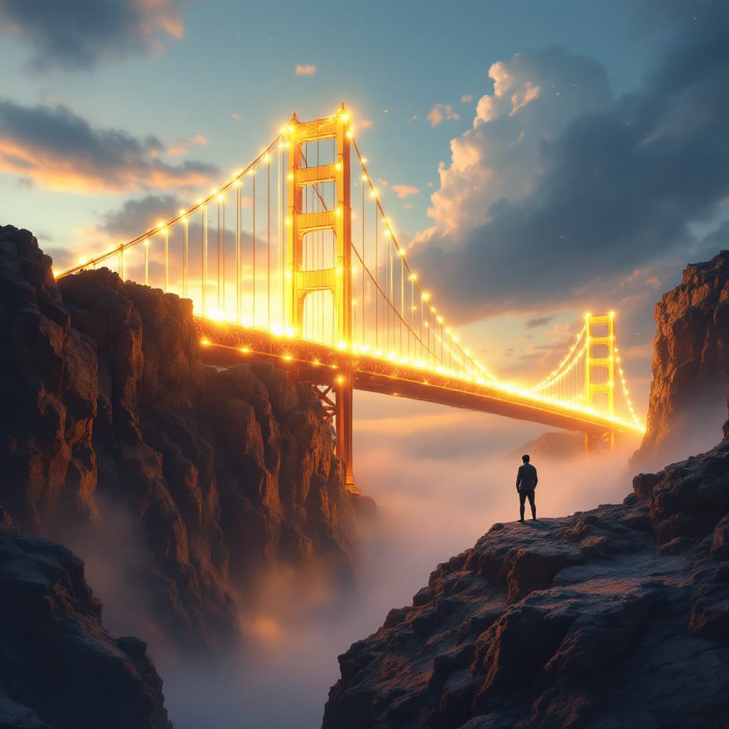 AI generated: "A grand, glowing bridge appears, stretching across a deep divide. On one side, the overweight perso...
