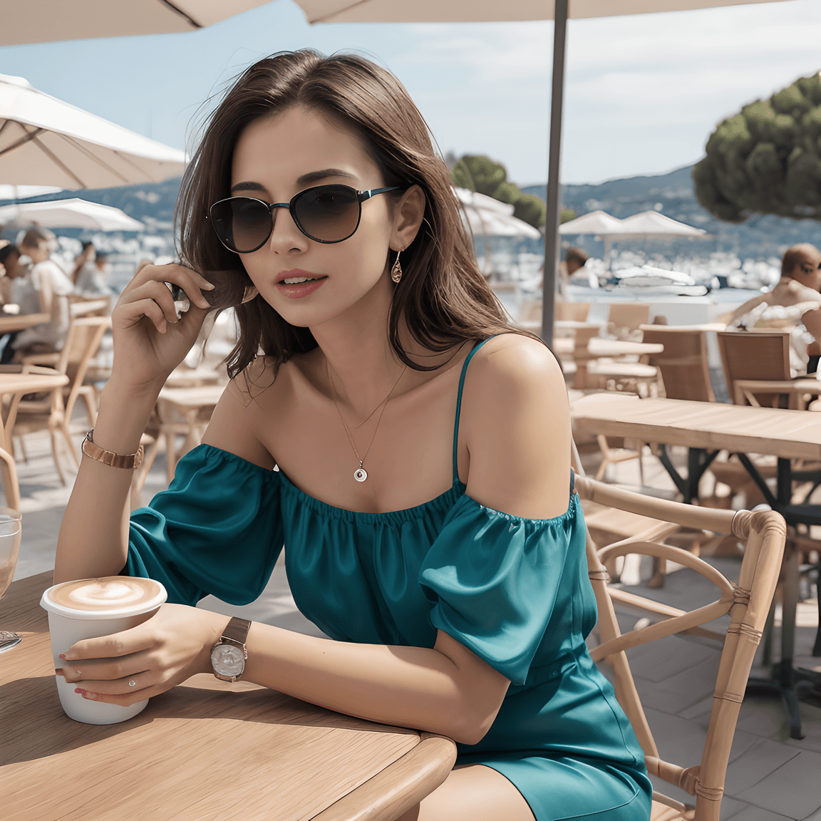 AI generated: mid shot, dynamic angle, girl drinking 1coffee at a cafe in st tropez, south of france, (french:0.3,...