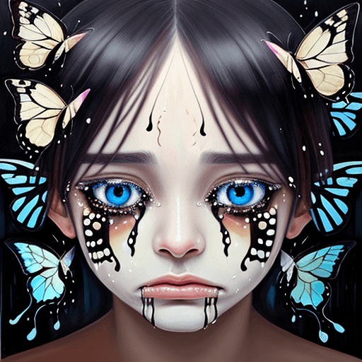 AI generated: a painting of a face with tears transforming into butterflies.