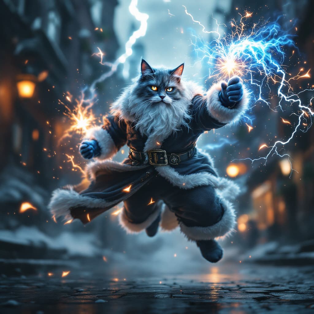 AI generated: an santa wearing gray linen is depicted in an action pose, swirling thunder and lightning with an ar...