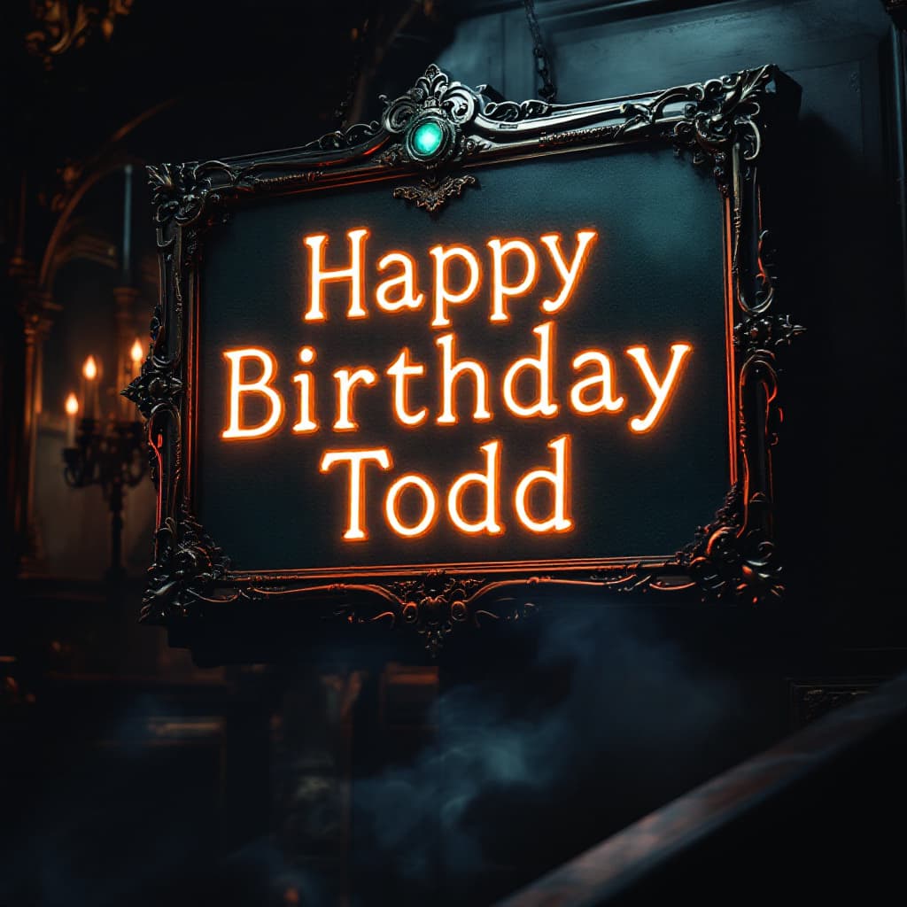 AI generated: An exquisitely crafted framed  sign that says, Happy Birthday Todd in steampunk style,  with glowing...