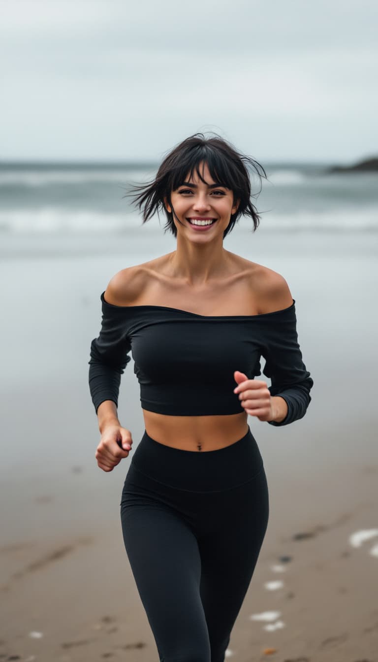 AI generated: women,thick eyebrows, short black hair with very long bangs, wearing a black off the shoulder top, y...