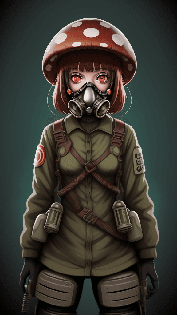 AI generated: in a complex background portrait of little mushroom woman. Wearing a gas mask. Prominent eyes, compl...