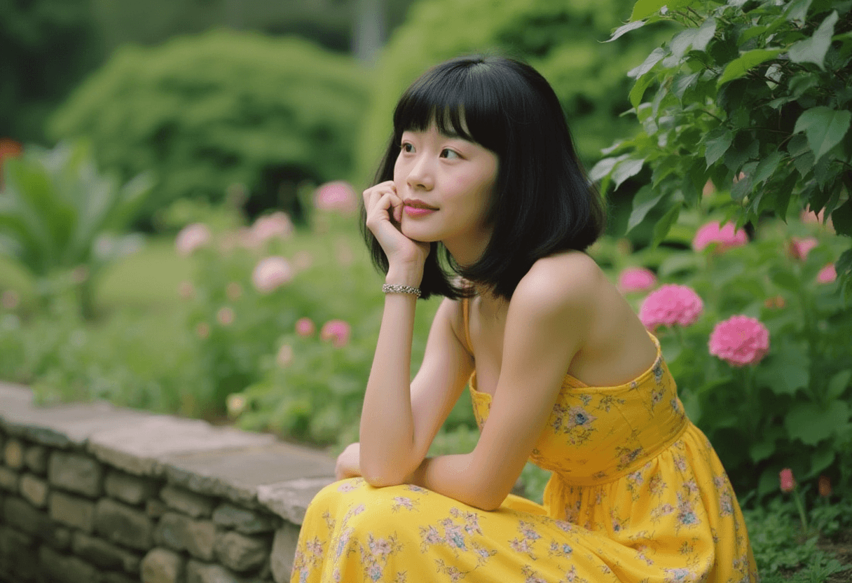 AI generated: A young woman with shoulder-length dark hair and bangs sits on a stone wall in a lush garden, wearin...