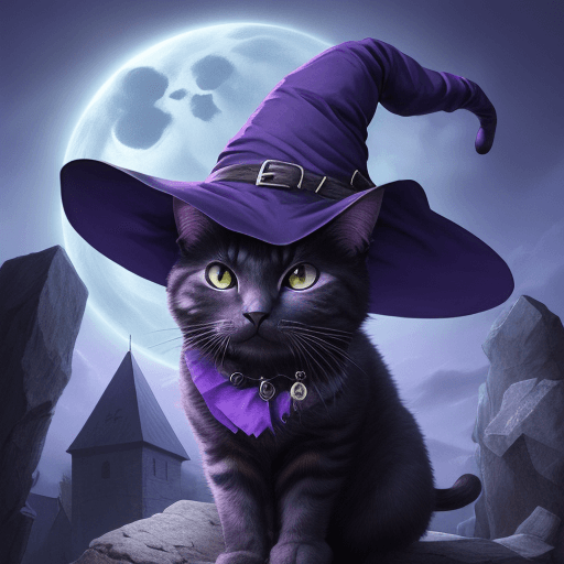 AI generated: witch craft, illüstration, draw, cat, stone, wallpaper, blue, purple sky
