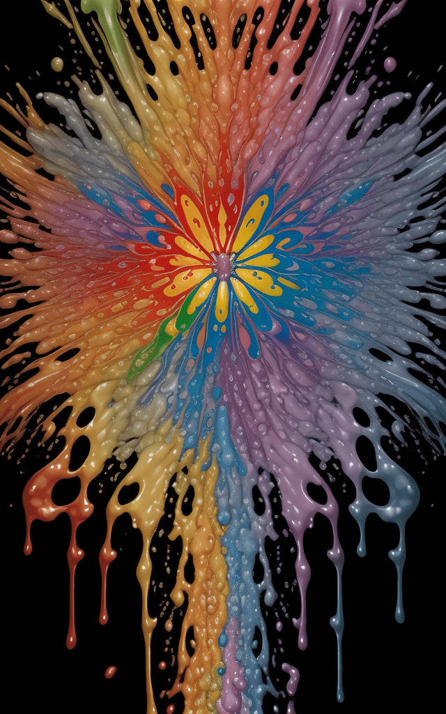 AI generated: gorgeous rainbow lily made of colorful rainbow liquid splashes, merging, melting, splashing, droplet...