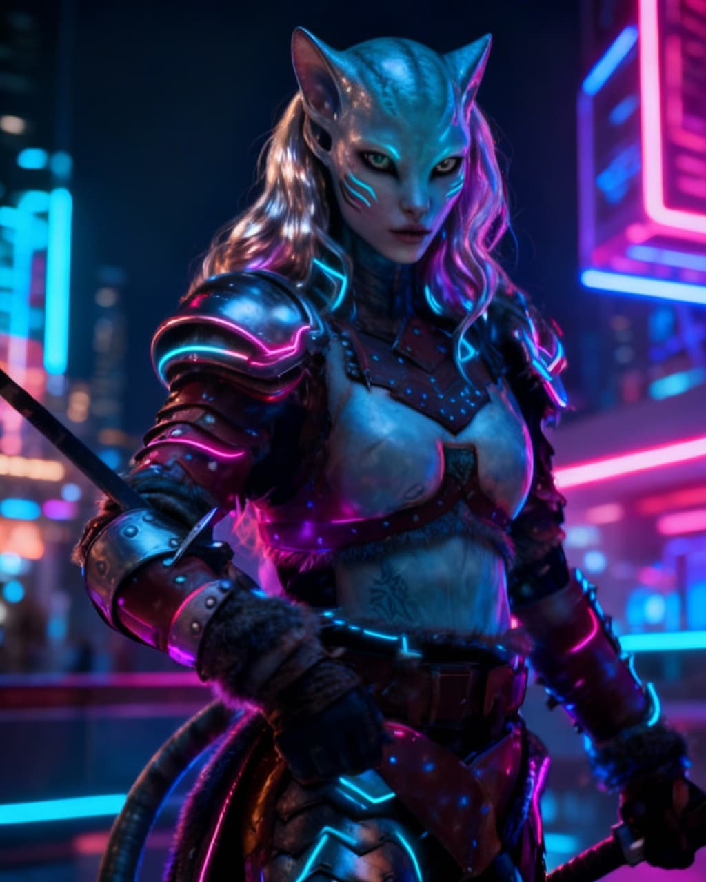 AI generated: Blend anthropomorphic to create a new anthropomorphic, feline alien hybrid. Give a futuristic Nightl...