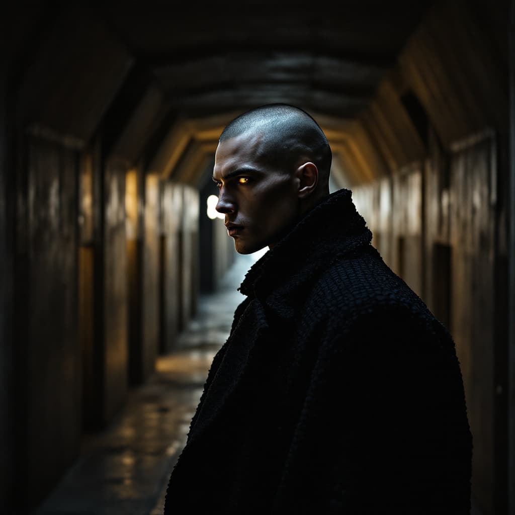 AI generated: “A charismatic man with strong cheekbones and shaved head, seen in 3/4 profile, with vivid amber eye...