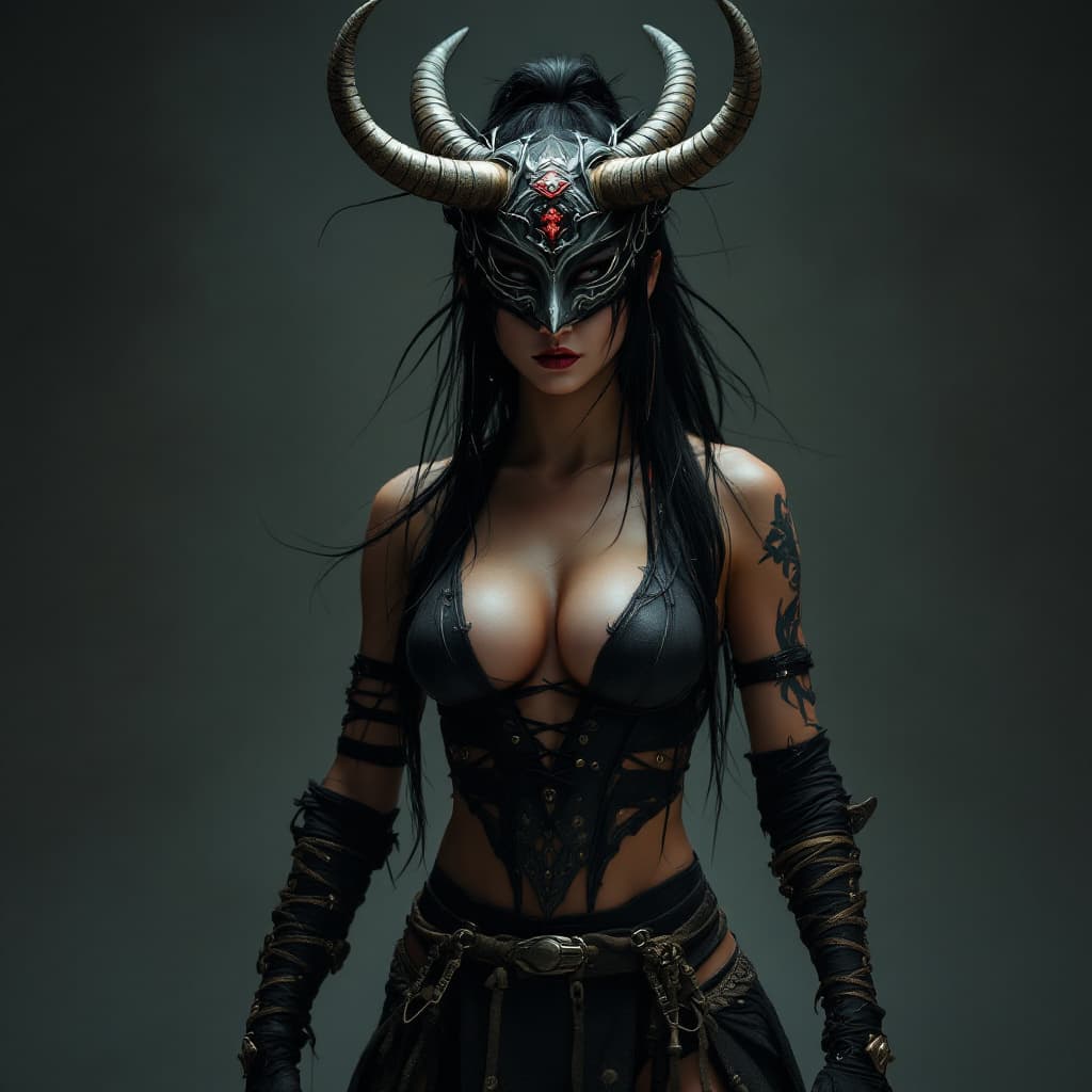 AI generated: Full body shot, of a beautiful stuning alluring female kunoichi, above her head wearing Oni mask, st...