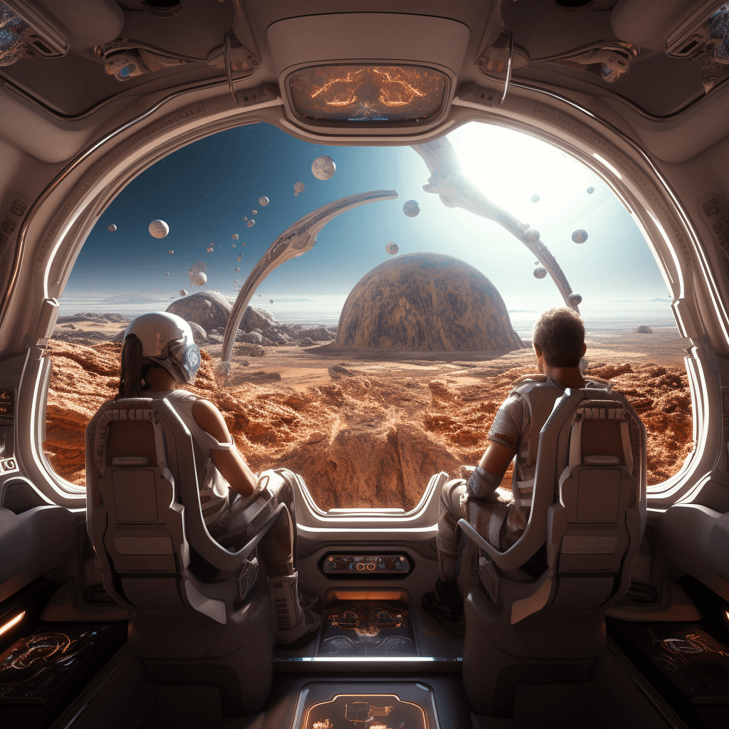 AI generated: general view of the interior of a spaceship with some windows to observe, planet mars outside, insid...